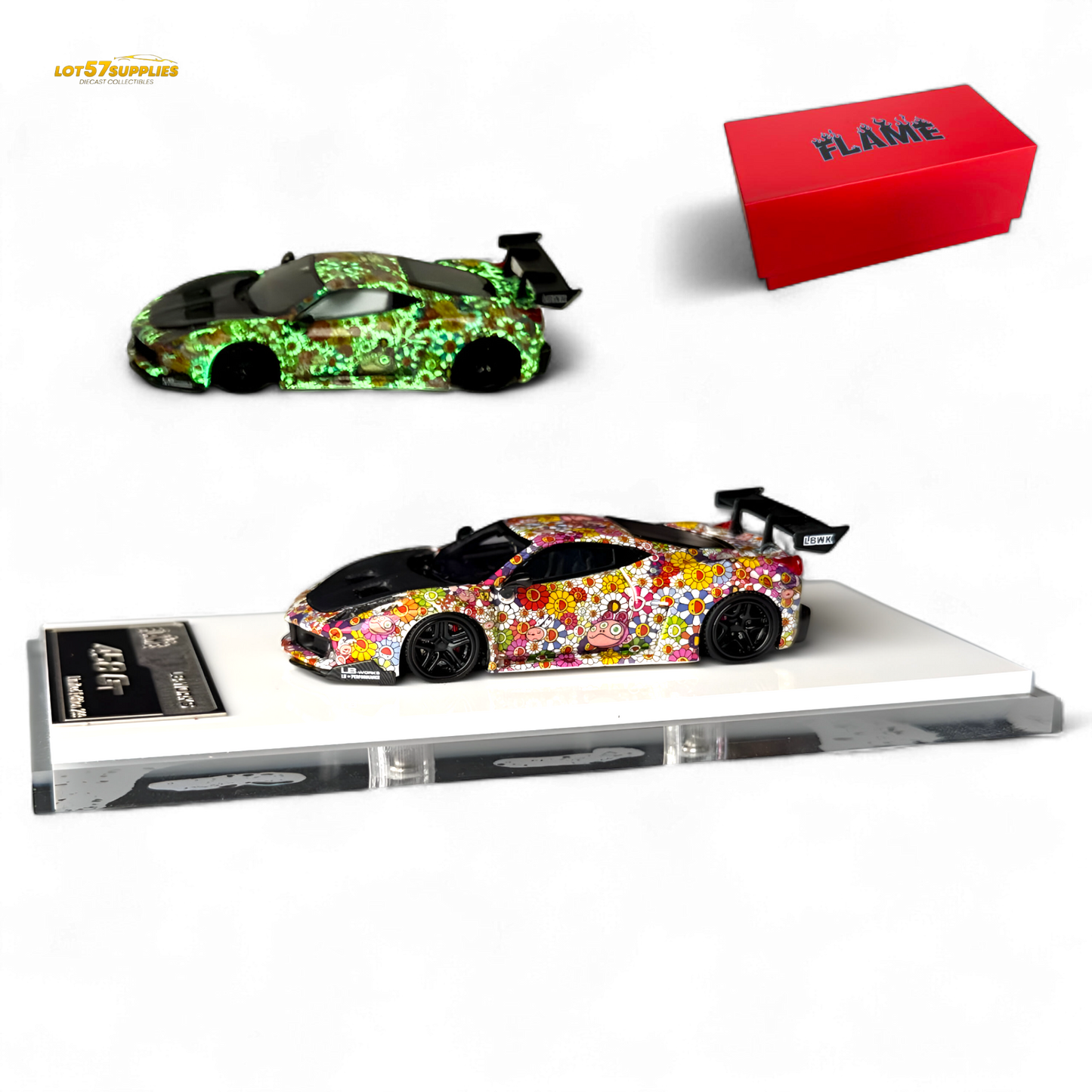 Dark glow-in-the-dark 1:64 Ferrari Flame Ferrari 458 GT LB Wide-Body diecast with Takashi Murakami Flower livery.
