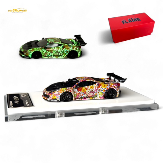Flame Ferrari 458 GT LB Wide-Body - Takashi Murakami Flower Livery - Glows in dark 1:64 Resin - Evergreen Kings