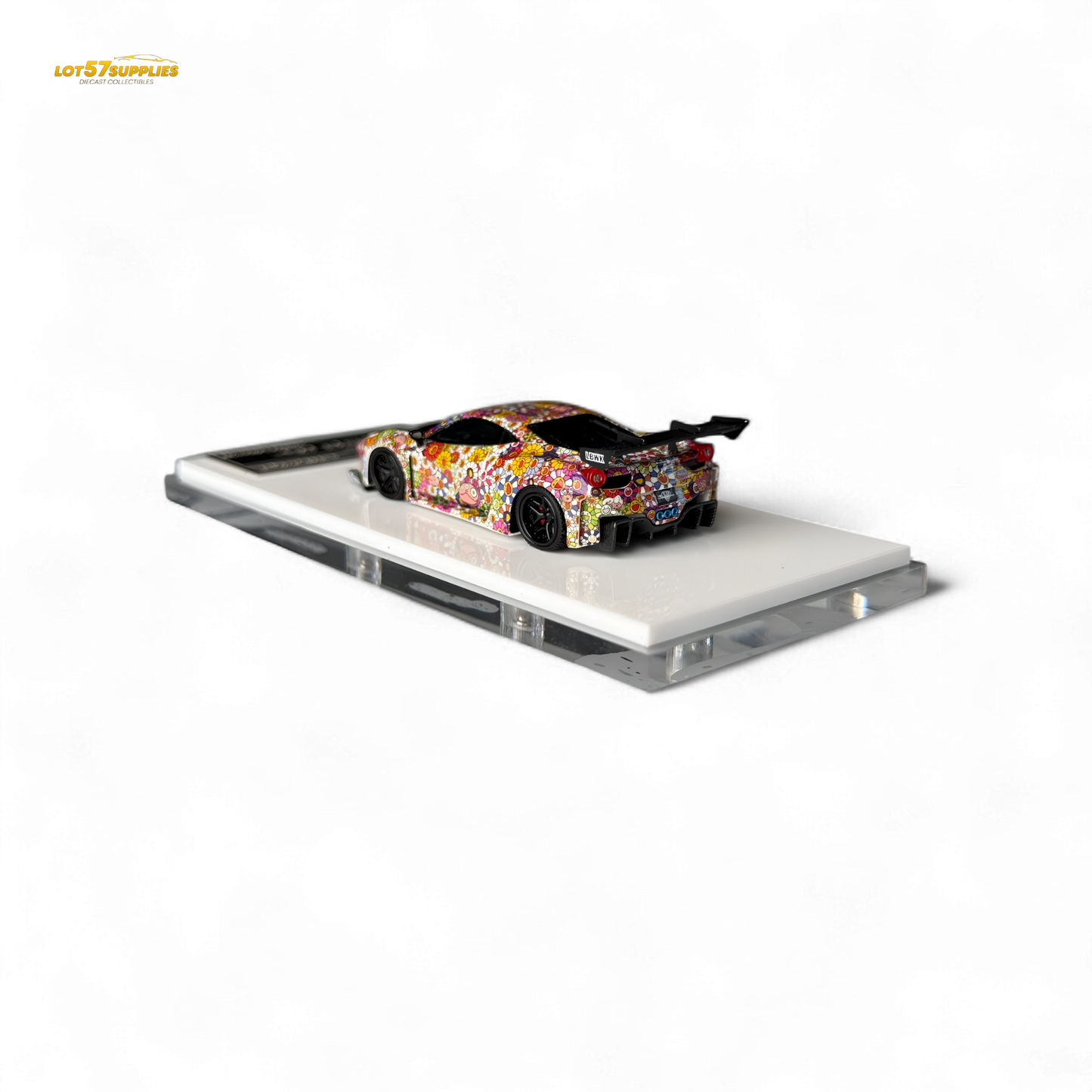 Dark-glowing 1:64 Ferrari 458 GT LB Wide-Body diecast with Takashi Murakami Flower livery, featuring a detailed resin model.