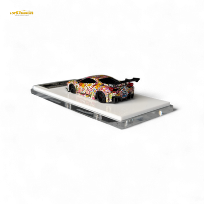 Dark-glowing 1:64 Ferrari 458 GT LB Wide-Body diecast with Takashi Murakami Flower livery, featuring a detailed resin model.