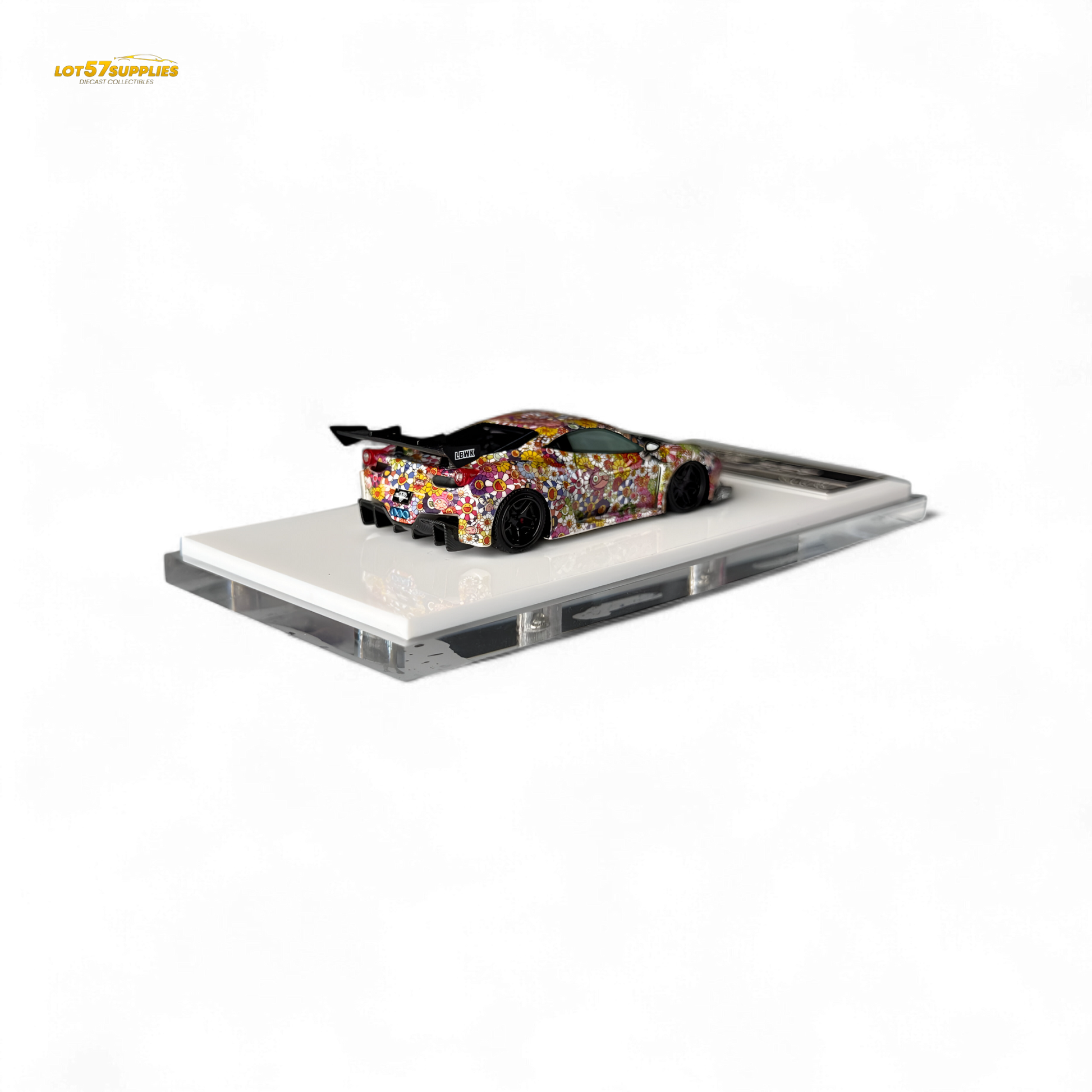 Ferrari Flame Ferrari 458 GT LB Wide-Body diecast car with Takashi Murakami Flower livery, glowing in the dark, 1:64 resin model.