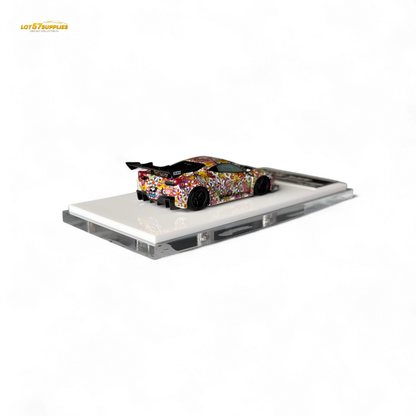 Ferrari Flame Ferrari 458 GT LB Wide-Body diecast car with Takashi Murakami Flower livery, glowing in the dark, 1:64 resin model.