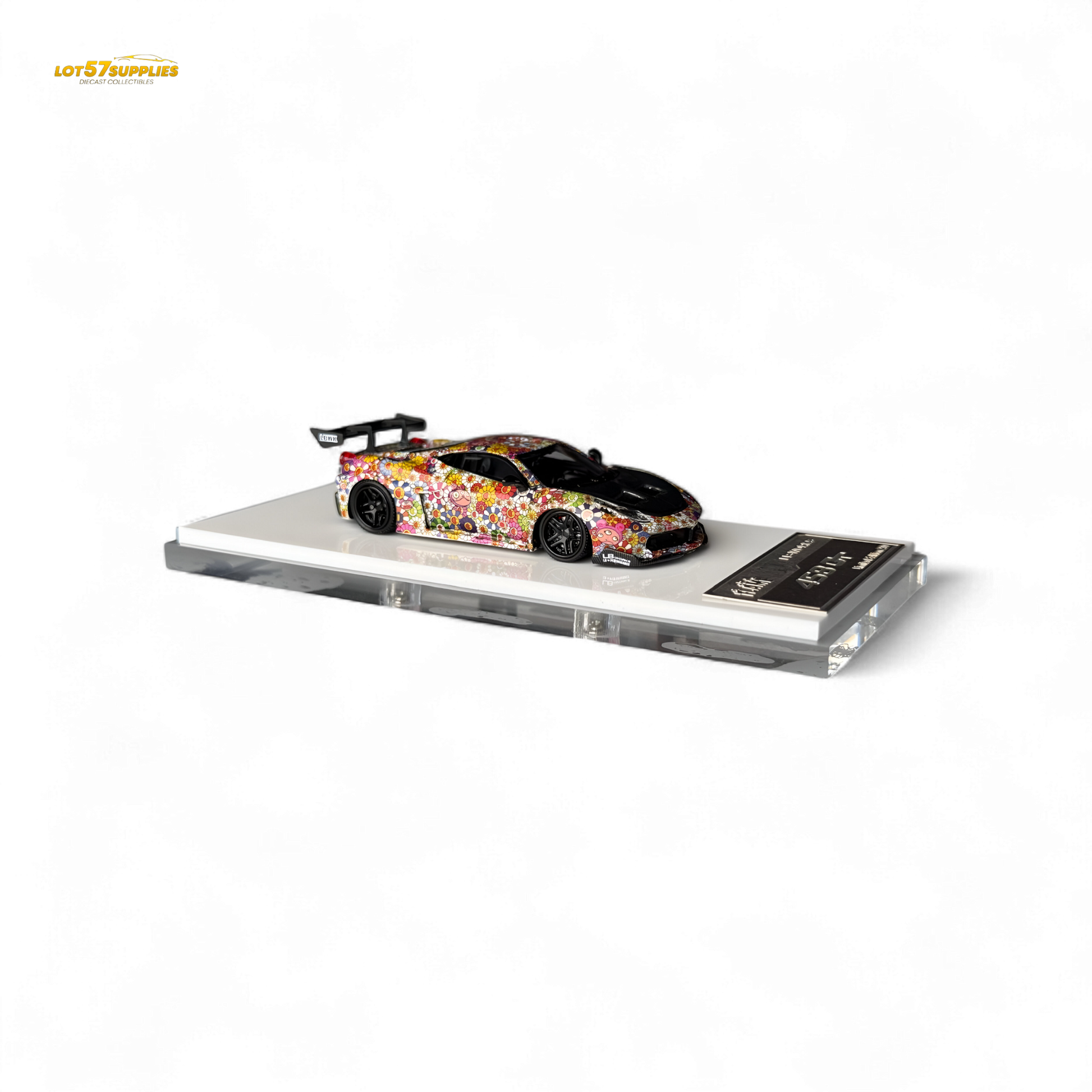 Dark glow-in-the-dark 1:64 Ferrari Flame Ferrari 458 GT LB Wide-Body diecast with Takashi Murakami Flower livery, resin model.