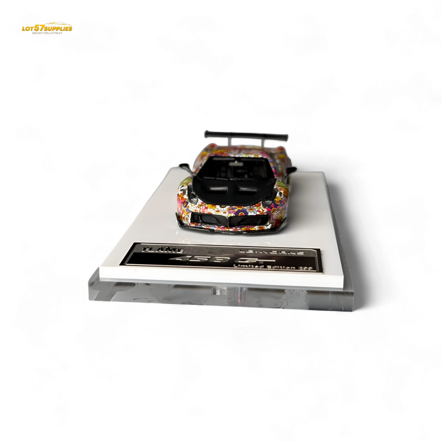 Dark glow-in-the-dark 1:64 resin Ferrari Flame Ferrari 458 GT LB wide-body diecast with Takashi Murakami Flower livery.