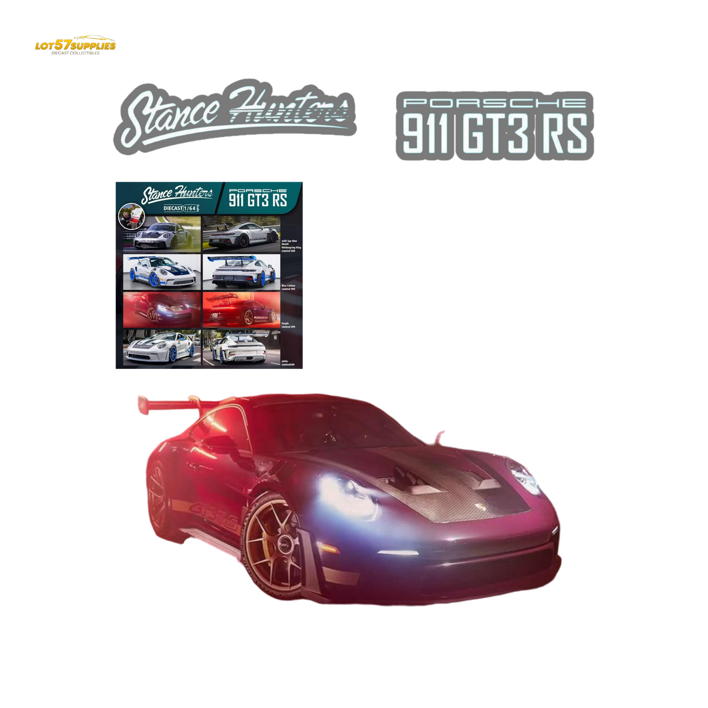 Purple Porsche 911 GT3 RS diecast model by Stance Hunters, 1:64 scale, detailed miniature car on a plain background.