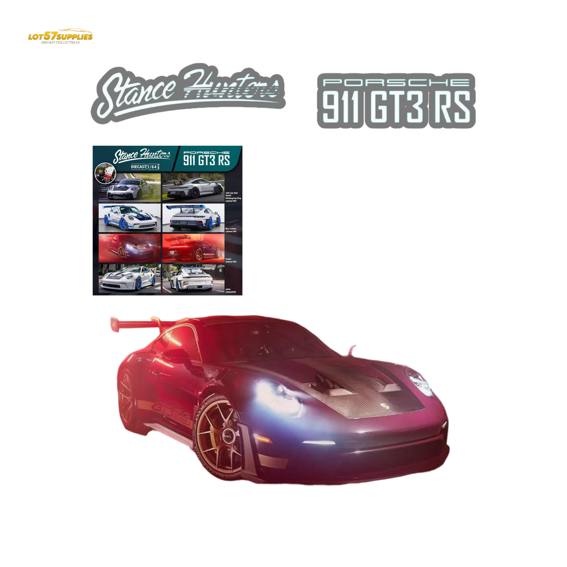 Purple Porsche 911 GT3 RS diecast model by Stance Hunters, 1:64 scale, detailed miniature car on a plain background.