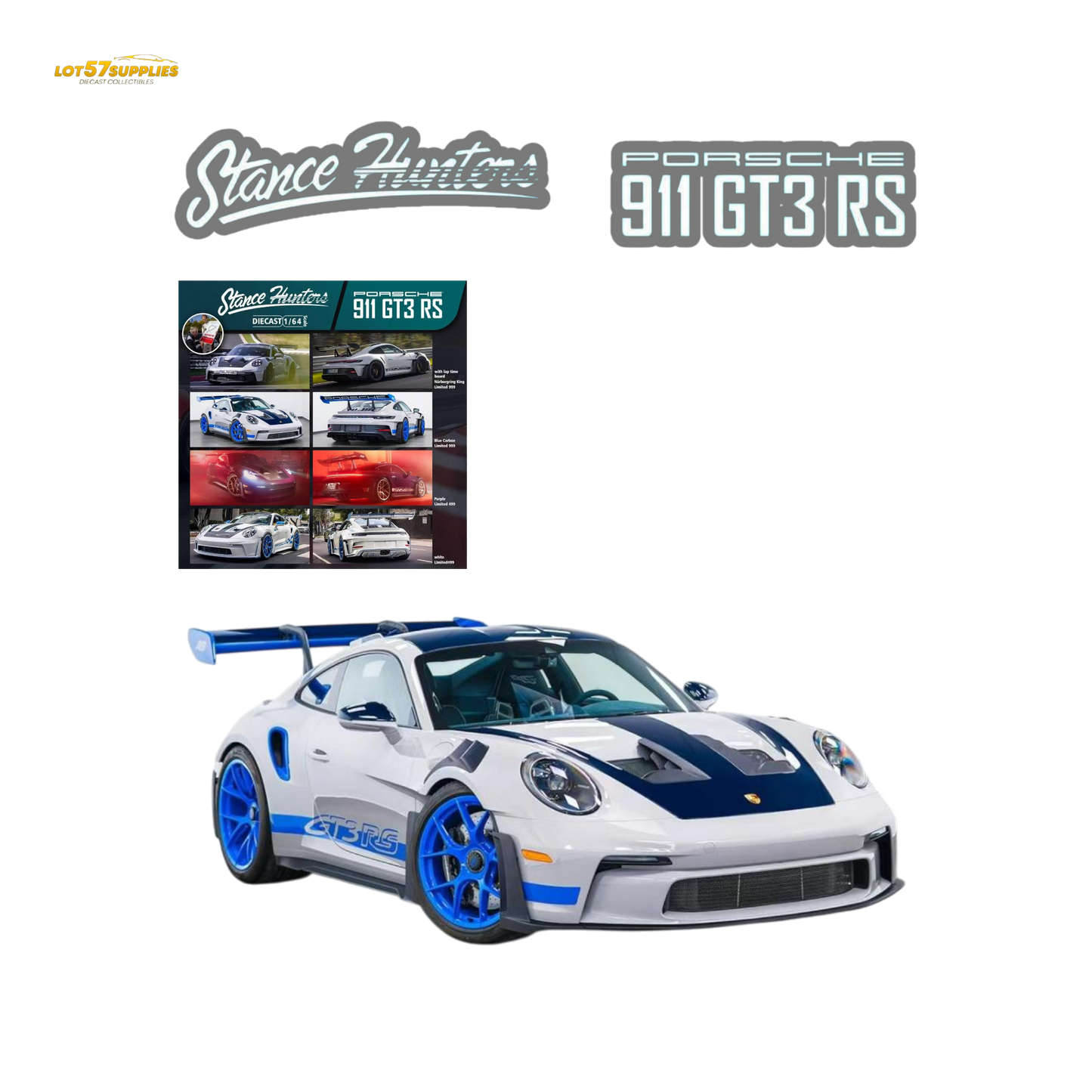 Blue Porsche 911 GT3 RS diecast model by Stance Hunters, detailed 1:64 scale replica showcasing carbon accents and sporty design.