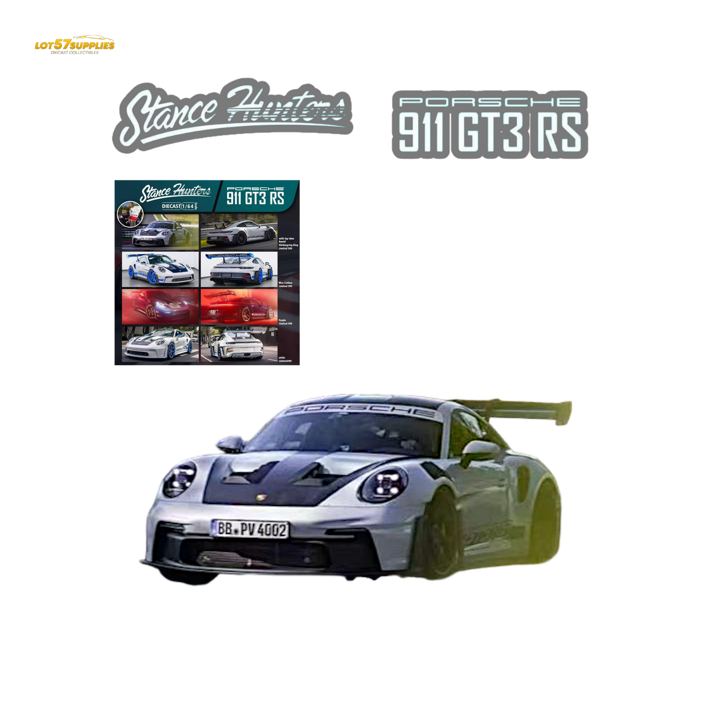 Diecast Porsche 911 GT3 RS Nürburgring Livery by Stance Hunters, 1:64 scale, detailed model car with racing livery.