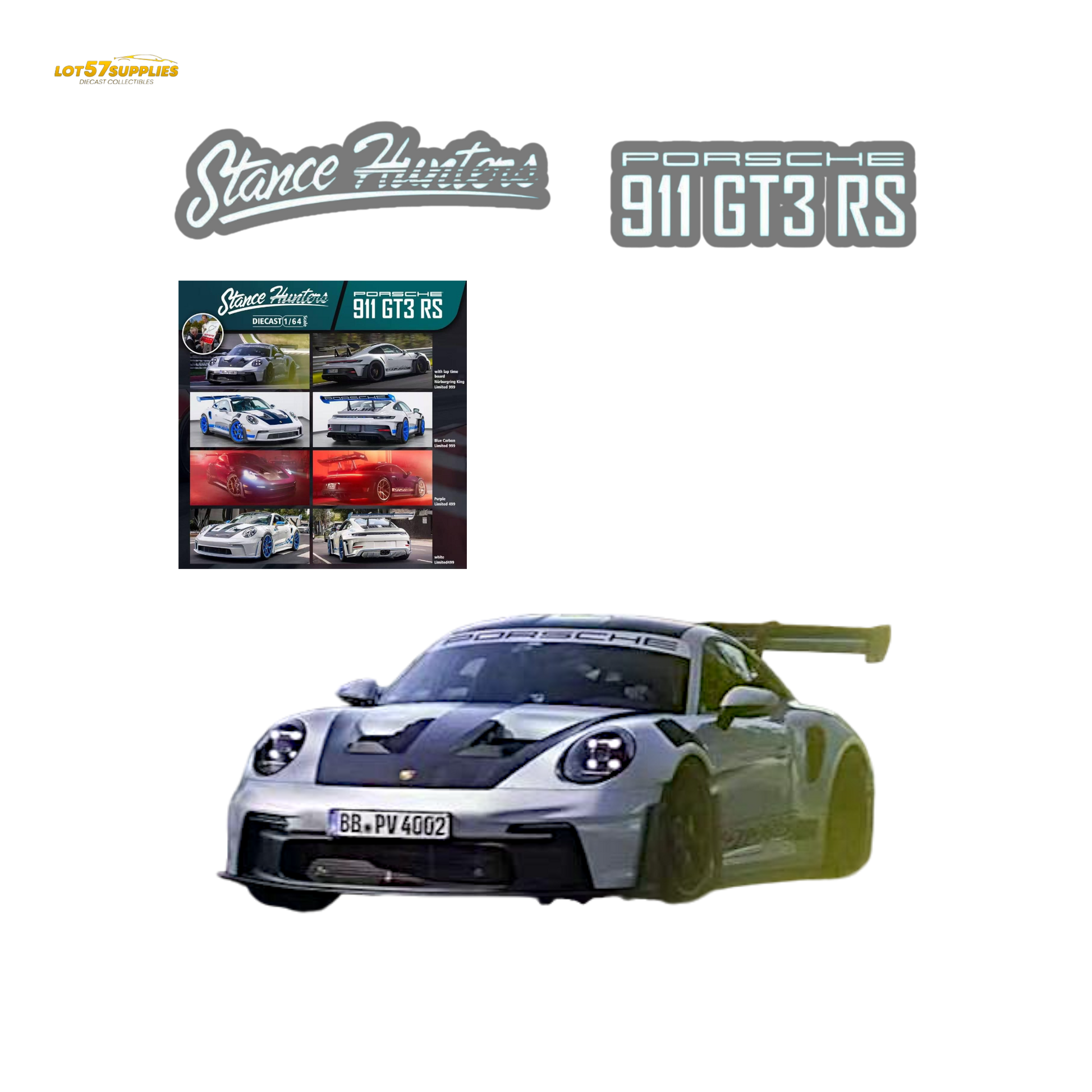 Diecast Porsche 911 GT3 RS Nürburgring Livery by Stance Hunters, 1:64 scale, detailed model car with racing livery.