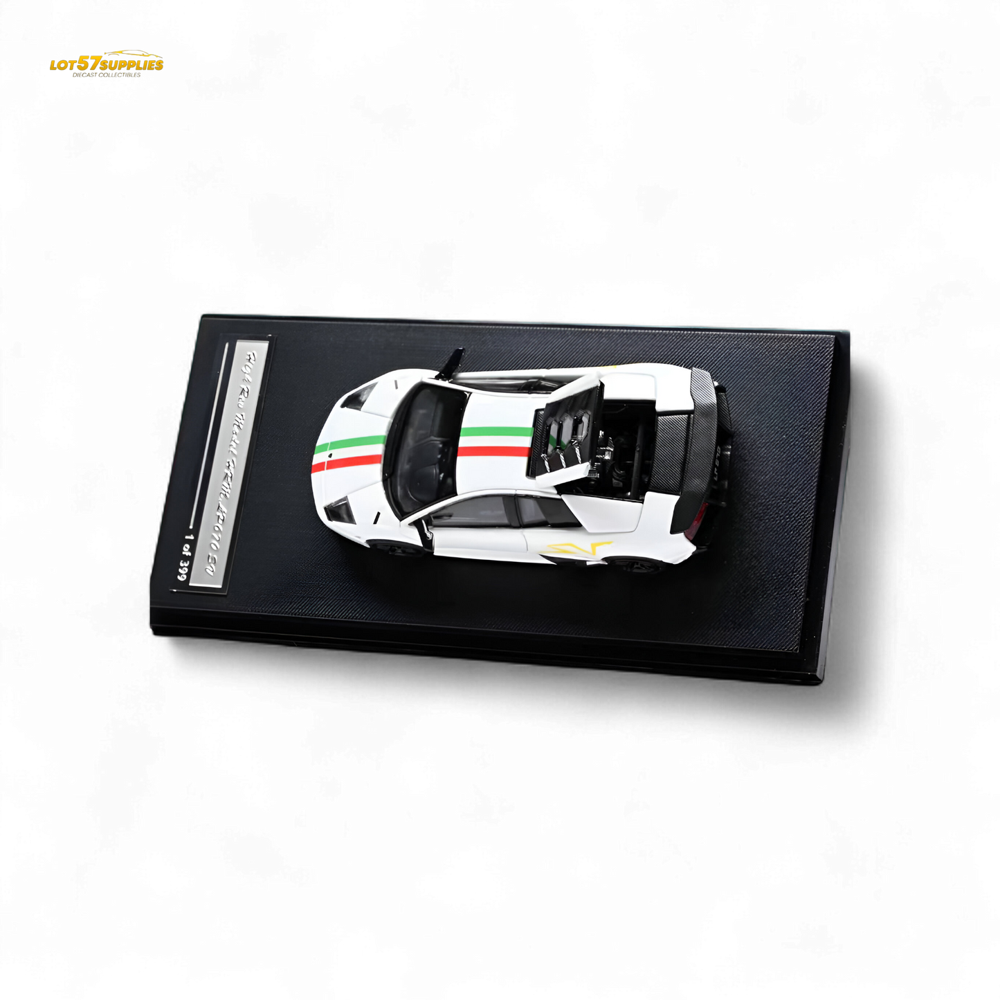 White Lamborghini Murcielago LP670-4 SV diecast model by Lot57Supplies, detailed 1:64 scale Lamborghini sports car.