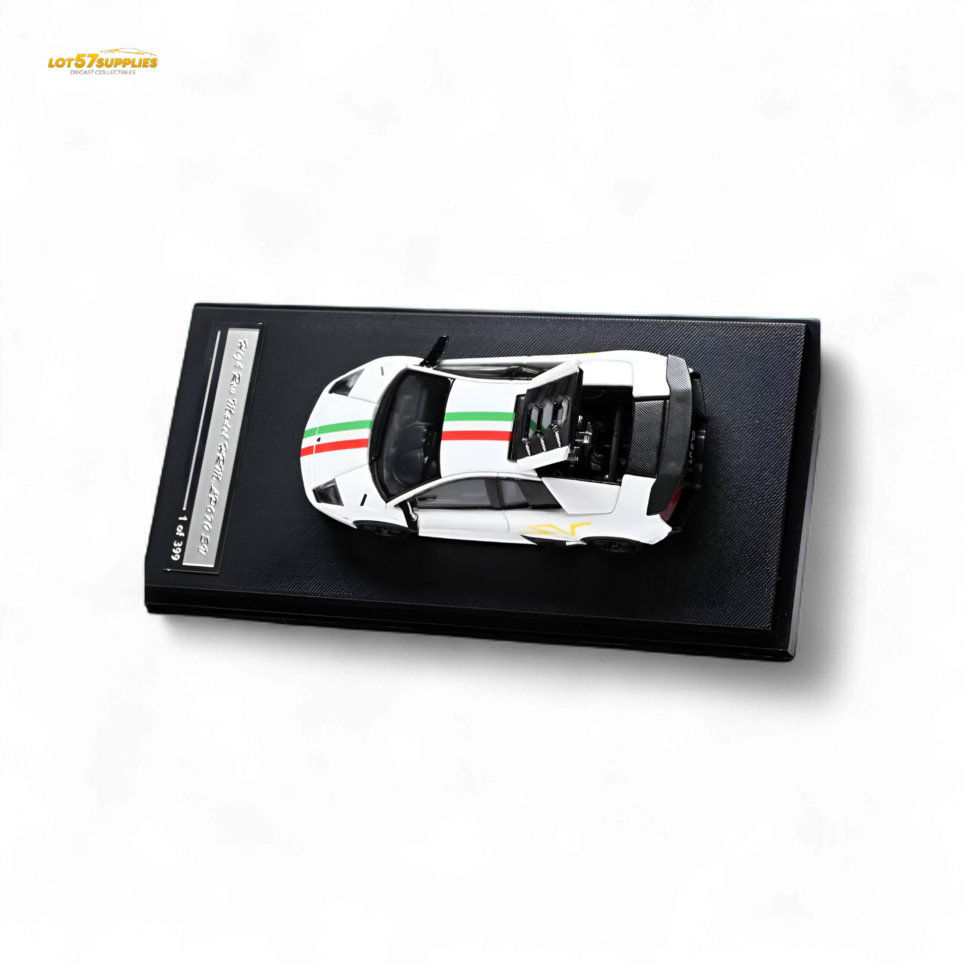 White Lamborghini Murcielago LP670-4 SV diecast model by Lot57Supplies, detailed 1:64 scale Lamborghini sports car.