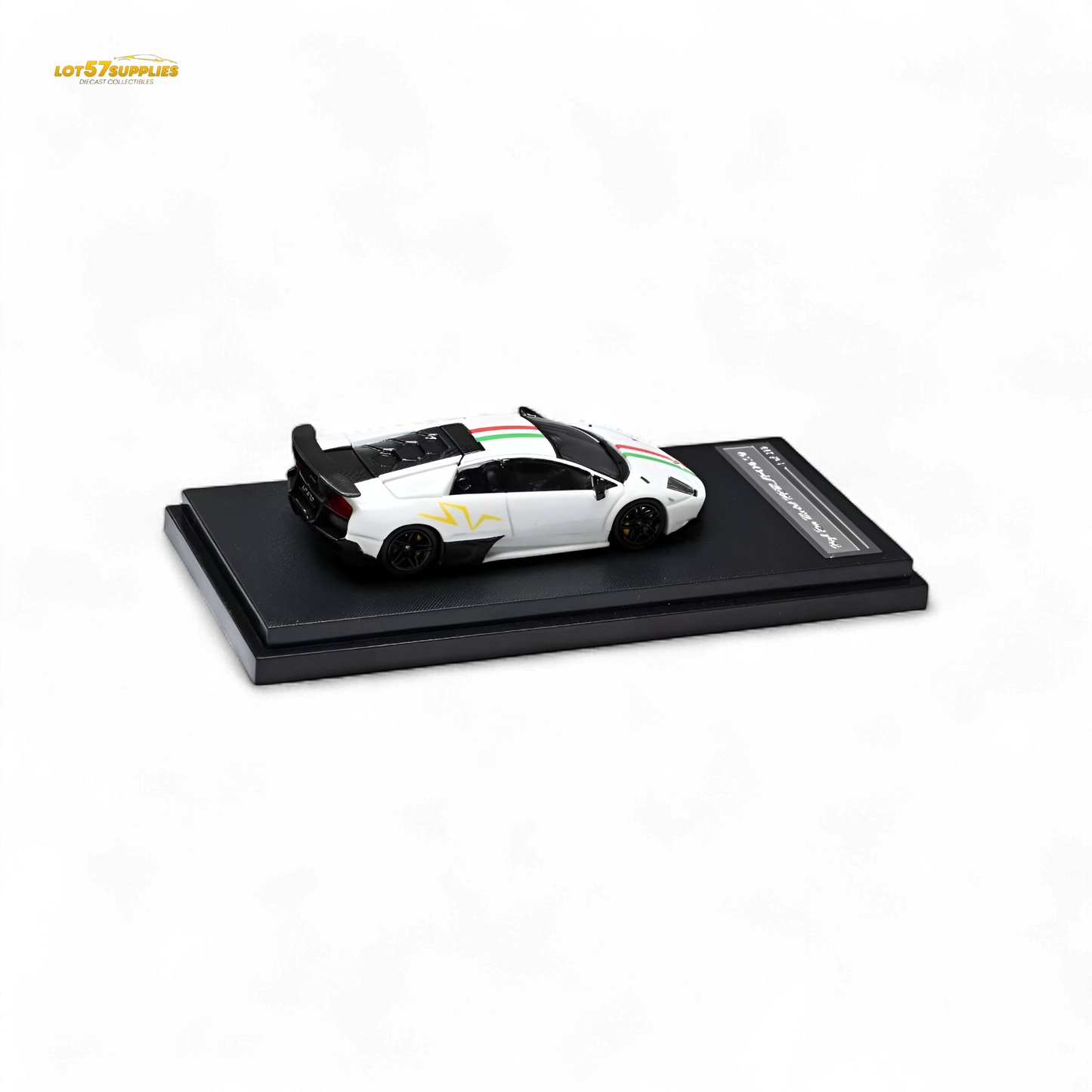 White 1:64 scale Lamborghini Murcielago LP670-4 SV diecast model by Lot57Supplies Diecast Shop, detailed miniature car for collectors.