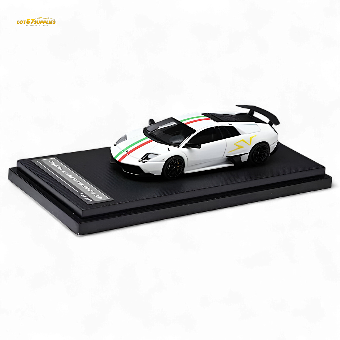 White Lamborghini Murcielago LP670-4 SV diecast model car by Lot57Supplies, detailed 1:64 scale Lamborghini collectible.