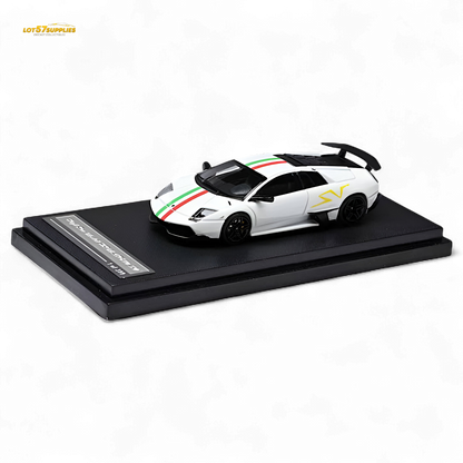 White Lamborghini Murcielago LP670-4 SV diecast model car by Lot57Supplies, detailed 1:64 scale Lamborghini collectible.