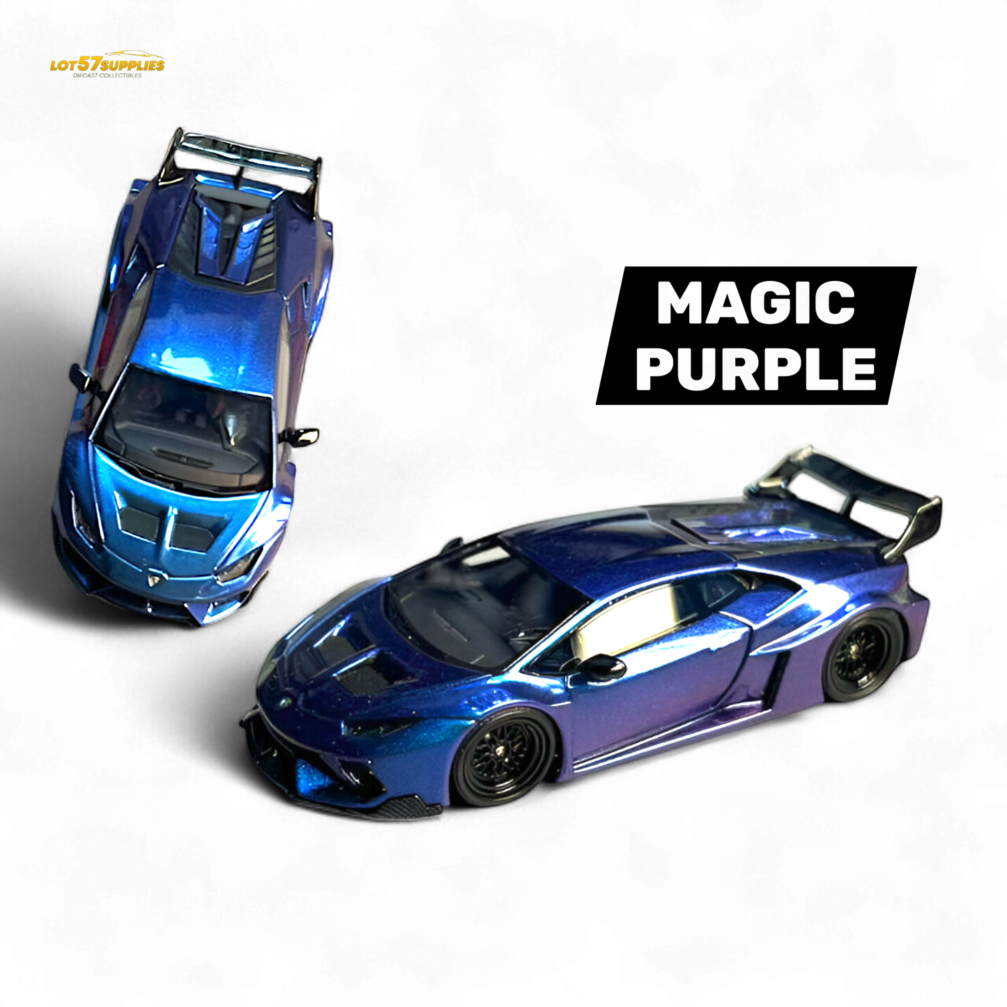 Purple Lamborghini Huracan GT LP610 diecast model in 1:64 scale, featuring detailed design and vibrant color.