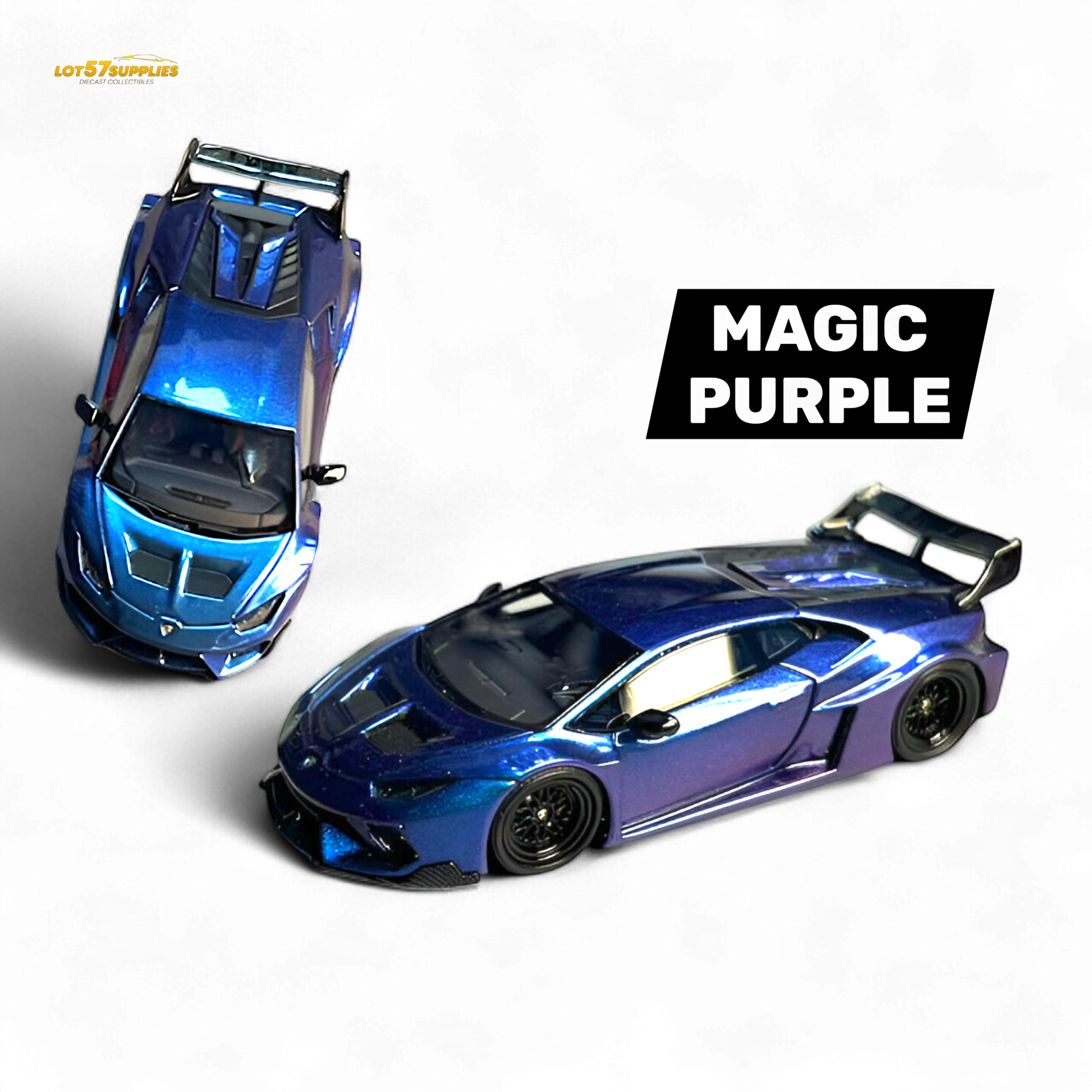 Purple Lamborghini Huracan GT LP610 diecast model in 1:64 scale, featuring detailed design and vibrant color.