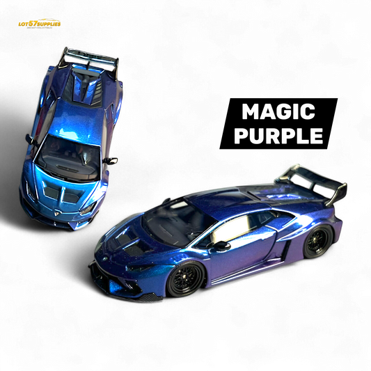 Purple Lamborghini Huracan GT LP610 diecast model in 1:64 scale, featuring detailed design and vibrant color.
