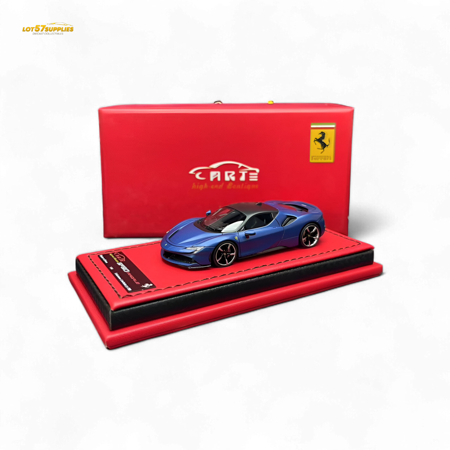 Red and blue Ferrari ART SF90 diecast model in 1:64 scale, featuring detailed Abu Dhabi Blue paint and authentic Ferrari design.