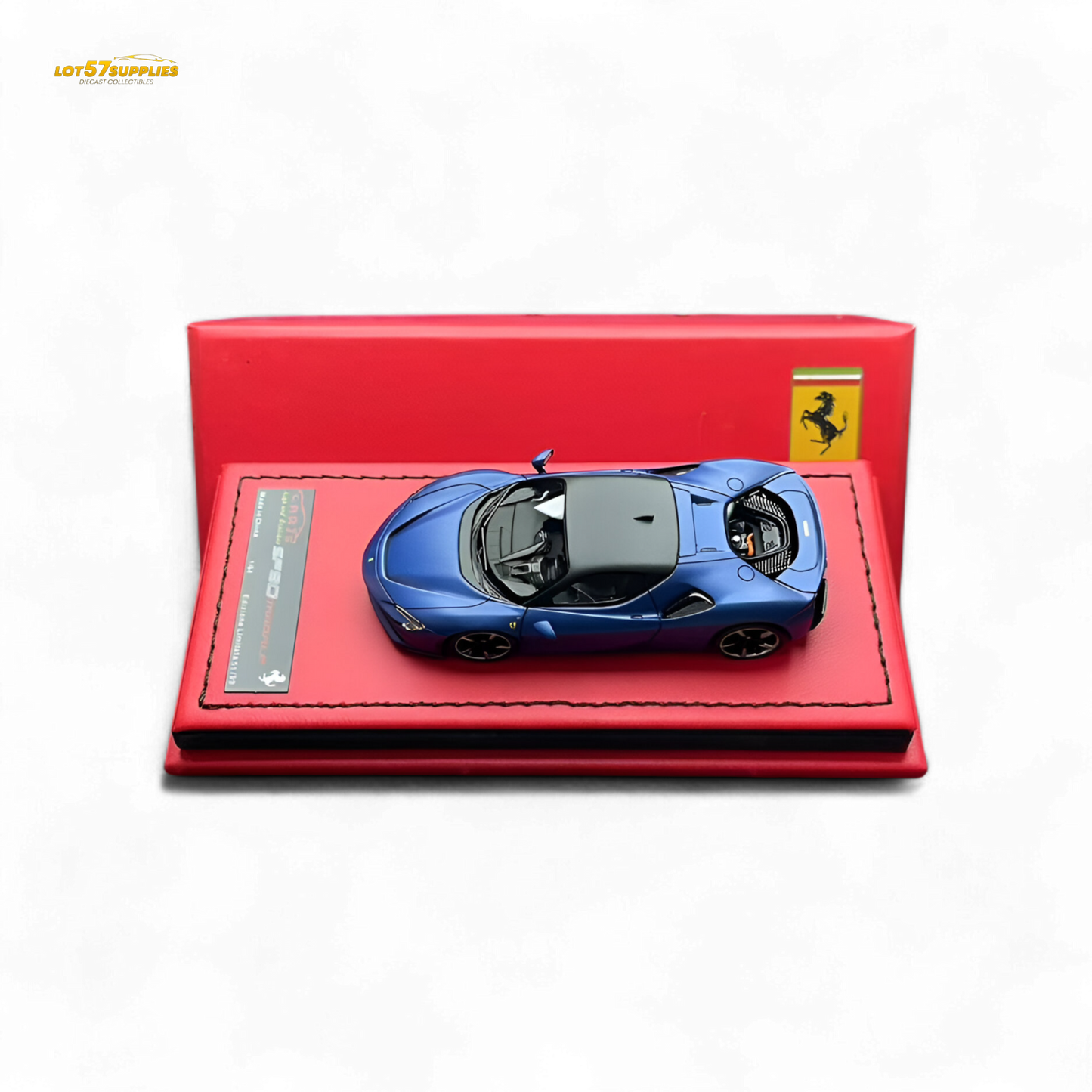 Red Ferrari ART Ferrari SF90 Abu Dhabi Blue 1:64 diecast model, detailed scale replica with blue accents and sleek design.