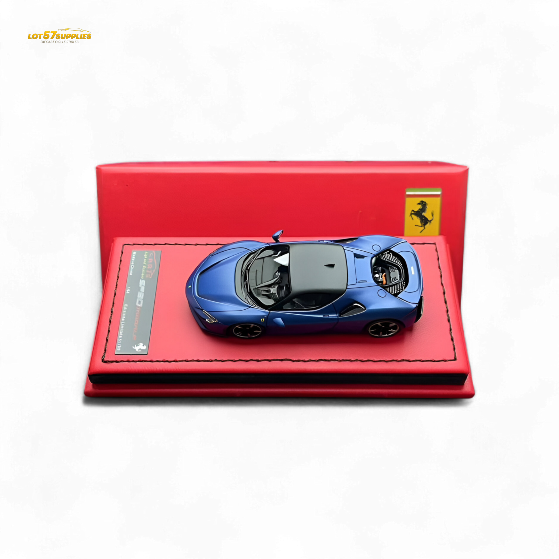 Red Ferrari ART Ferrari SF90 Abu Dhabi Blue 1:64 diecast model, detailed scale replica with blue accents and sleek design.