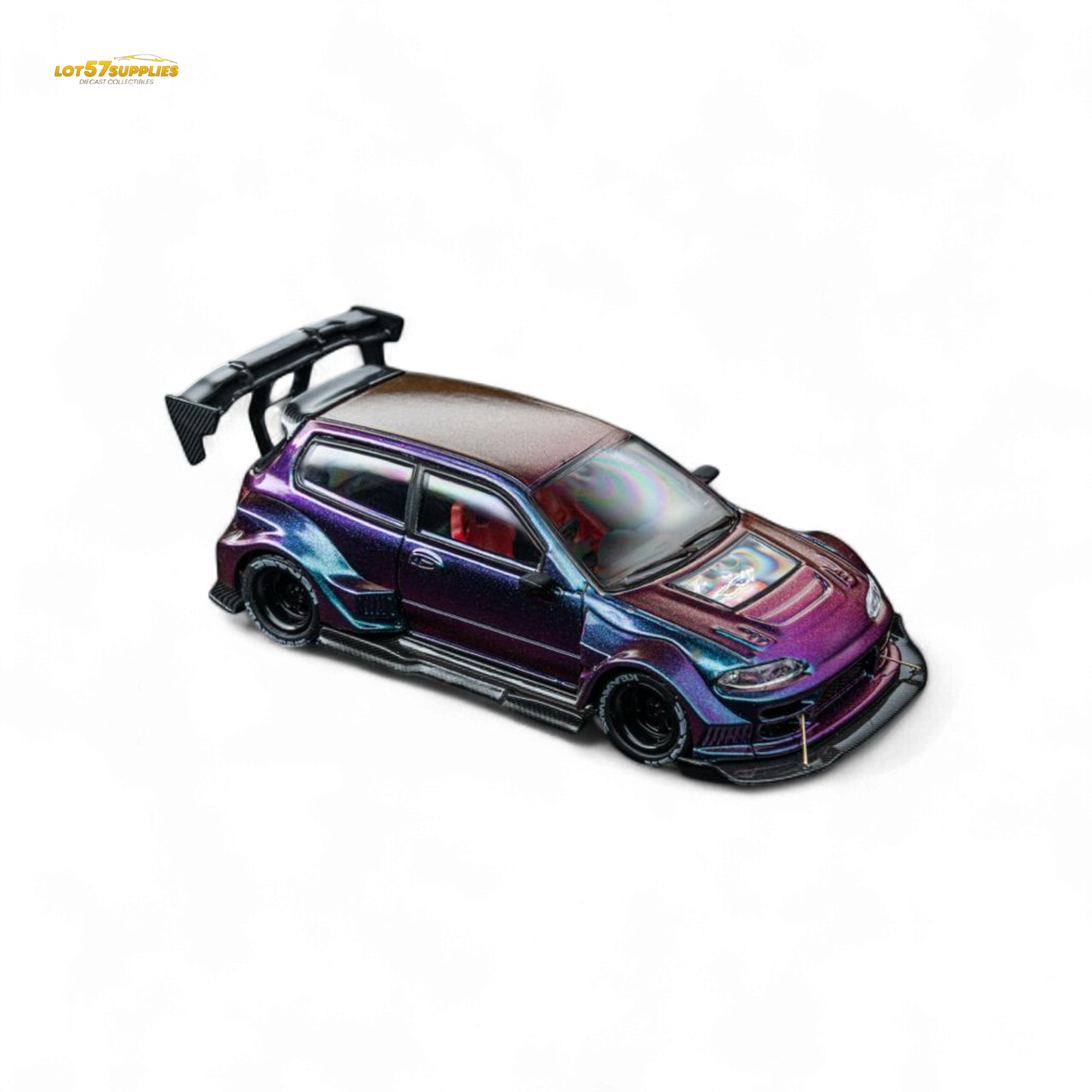 Diecast Honda EG6 hatchback with chameleon short spoiler, detailed 1:64 scale model by Lot57Supplies Diecast Shop.