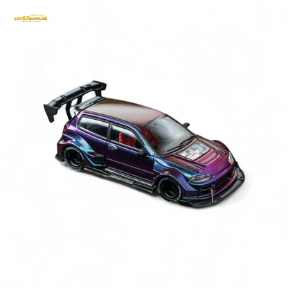 Diecast Honda EG6 hatchback with chameleon short spoiler, detailed 1:64 scale model by Lot57Supplies Diecast Shop.