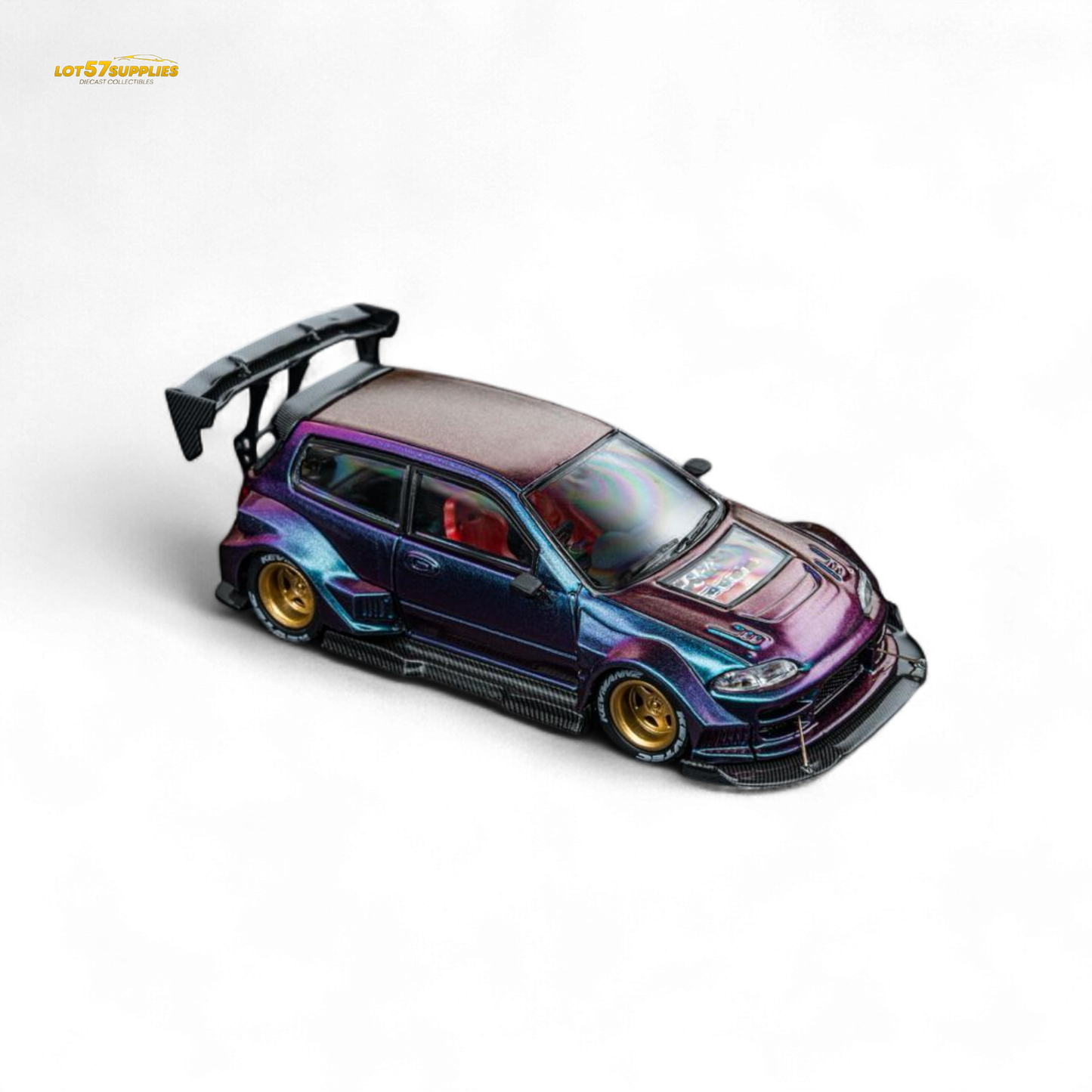 1:64 scale DCM Honda EG6 Hatchback diecast model featuring chameleon paint in red and green, detailed Honda replica.