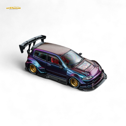 1:64 scale DCM Honda EG6 Hatchback diecast model featuring chameleon paint in red and green, detailed Honda replica.