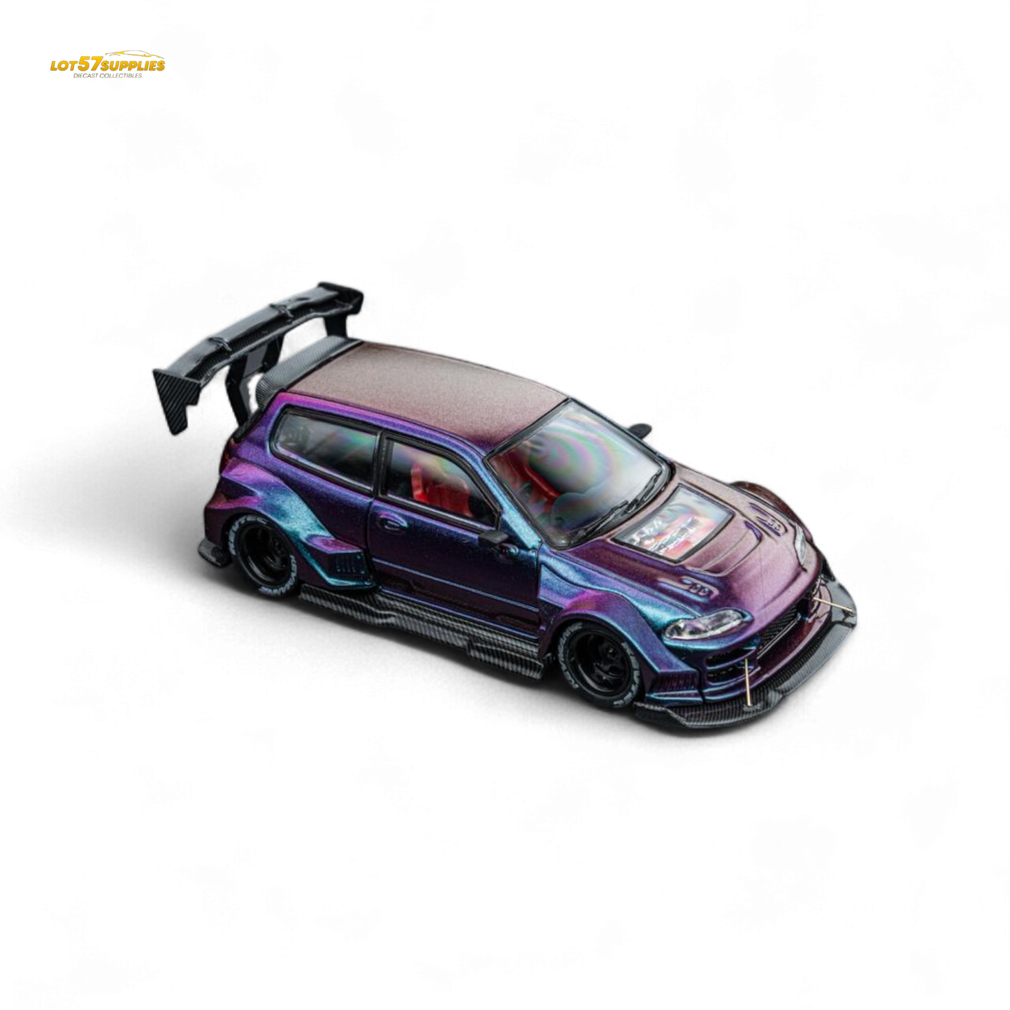 Diecast 1:64 Honda DCM Kevmannz 1996 EG6 Hatchback with chameleon short spoiler, detailed model from Lot57Supplies Diecast Shop