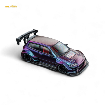 Diecast 1:64 Honda DCM Kevmannz 1996 EG6 Hatchback with chameleon short spoiler, detailed model from Lot57Supplies Diecast Shop