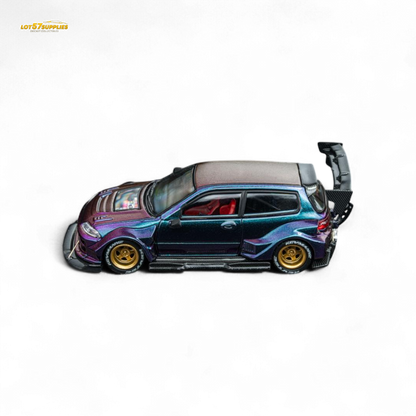 Diecast 1:64 Honda EG6 hatchback model in chameleon finish from Lot57Supplies Diecast Shop, detailed miniature car with vibrant color shift.
