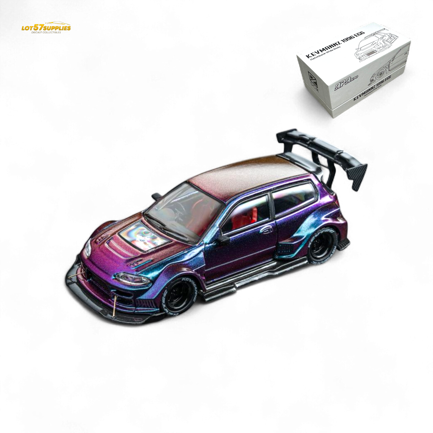 Honda DCM Kevmannz 1996 EG6 hatchback diecast model with chameleon short spoiler, detailed 1:64 scale car.