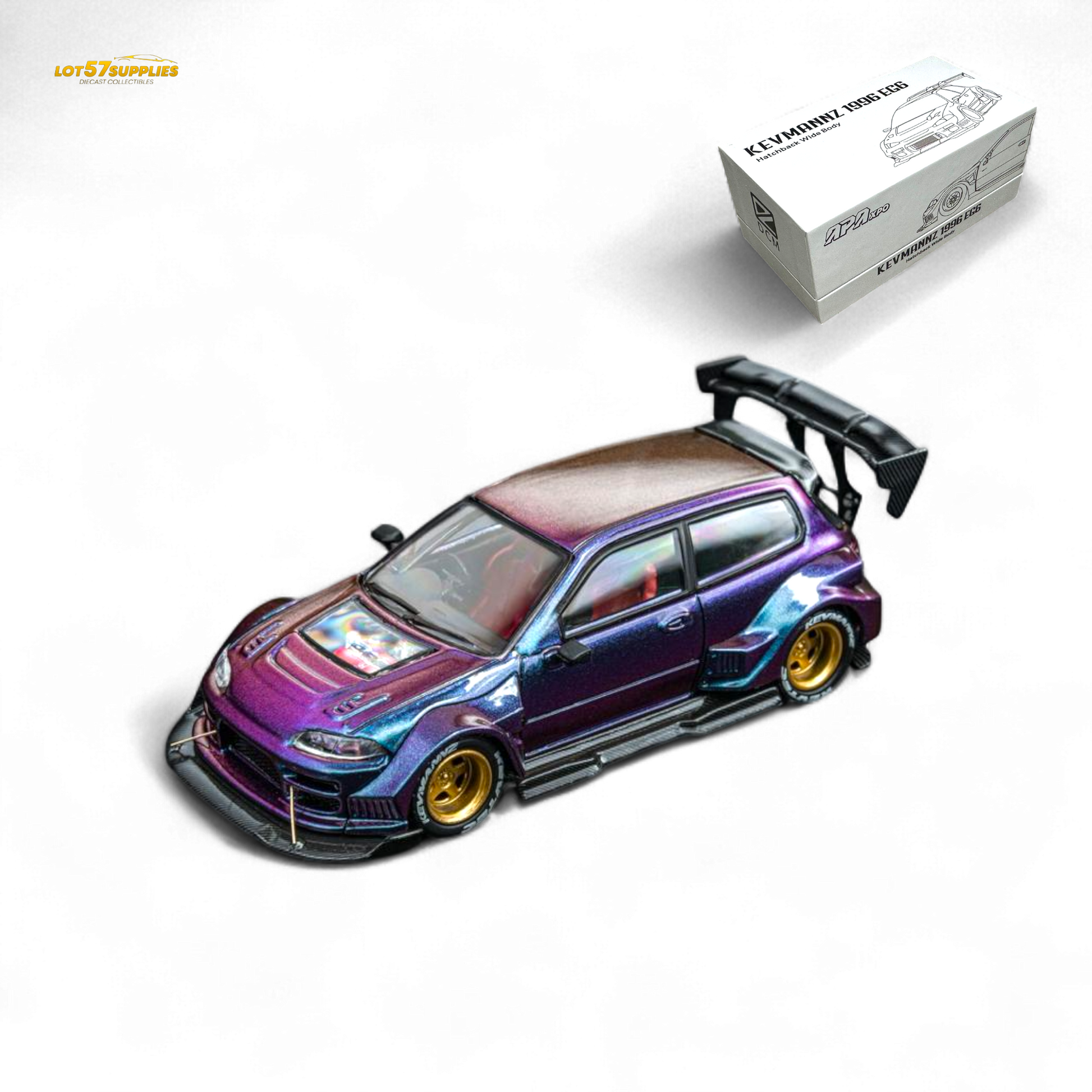 Diecast 1:64 Honda EG6 hatchback model in chameleon finish by Lot57Supplies Diecast Shop, showing detailed exterior and vibrant color shift.