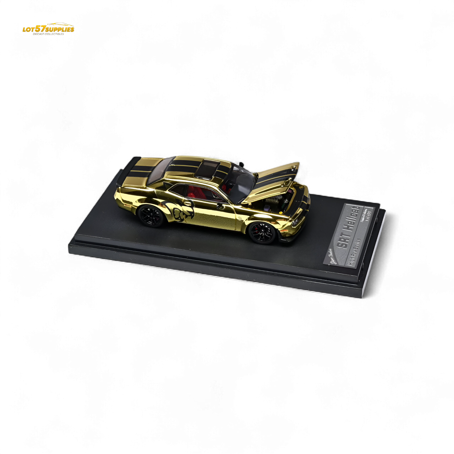 Gold 1:64 scale diecast Dodge Challenger SRT Hellcat model from Stance Hunters, featuring detailed design and vibrant finish.