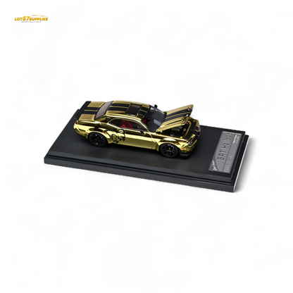 Gold 1:64 scale diecast Dodge Challenger SRT Hellcat model from Stance Hunters, featuring detailed design and vibrant finish.