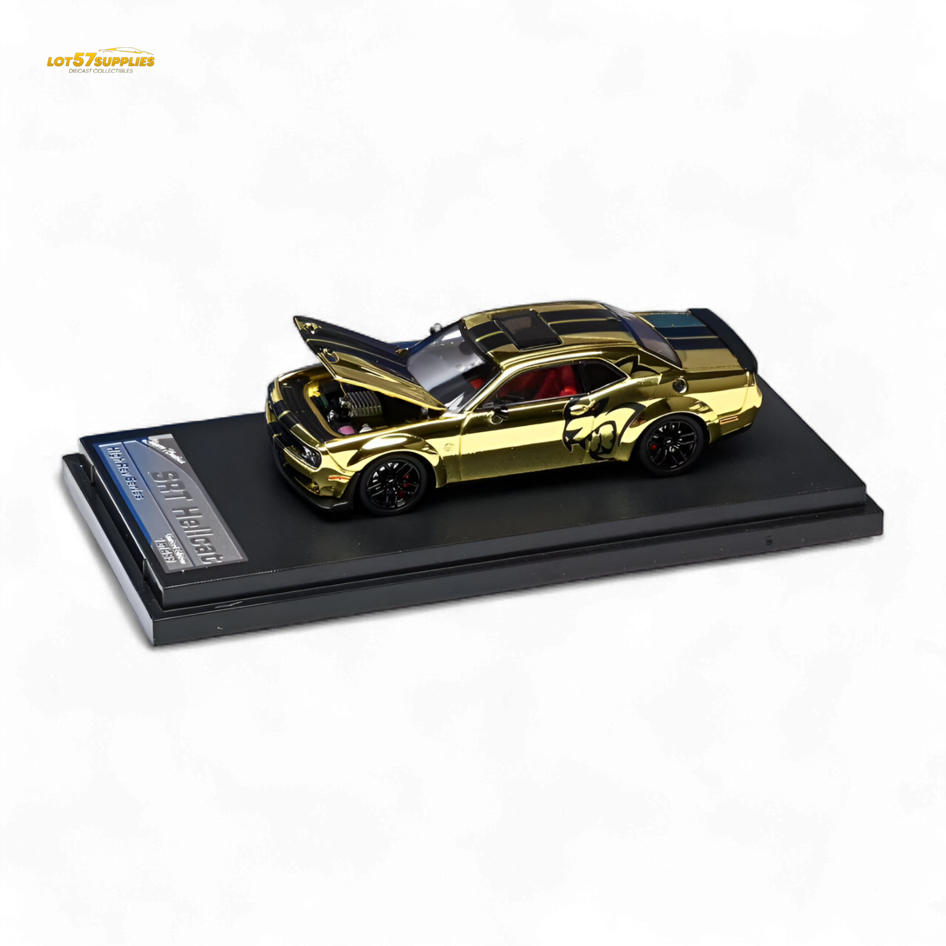 Gold 1:64 scale diecast Dodge Challenger SRT Hellcat by Stance Hunters featuring detailed exterior and realistic design.