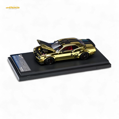 Gold 1:64 scale diecast Dodge Challenger SRT Hellcat by Stance Hunters featuring detailed exterior and realistic design.