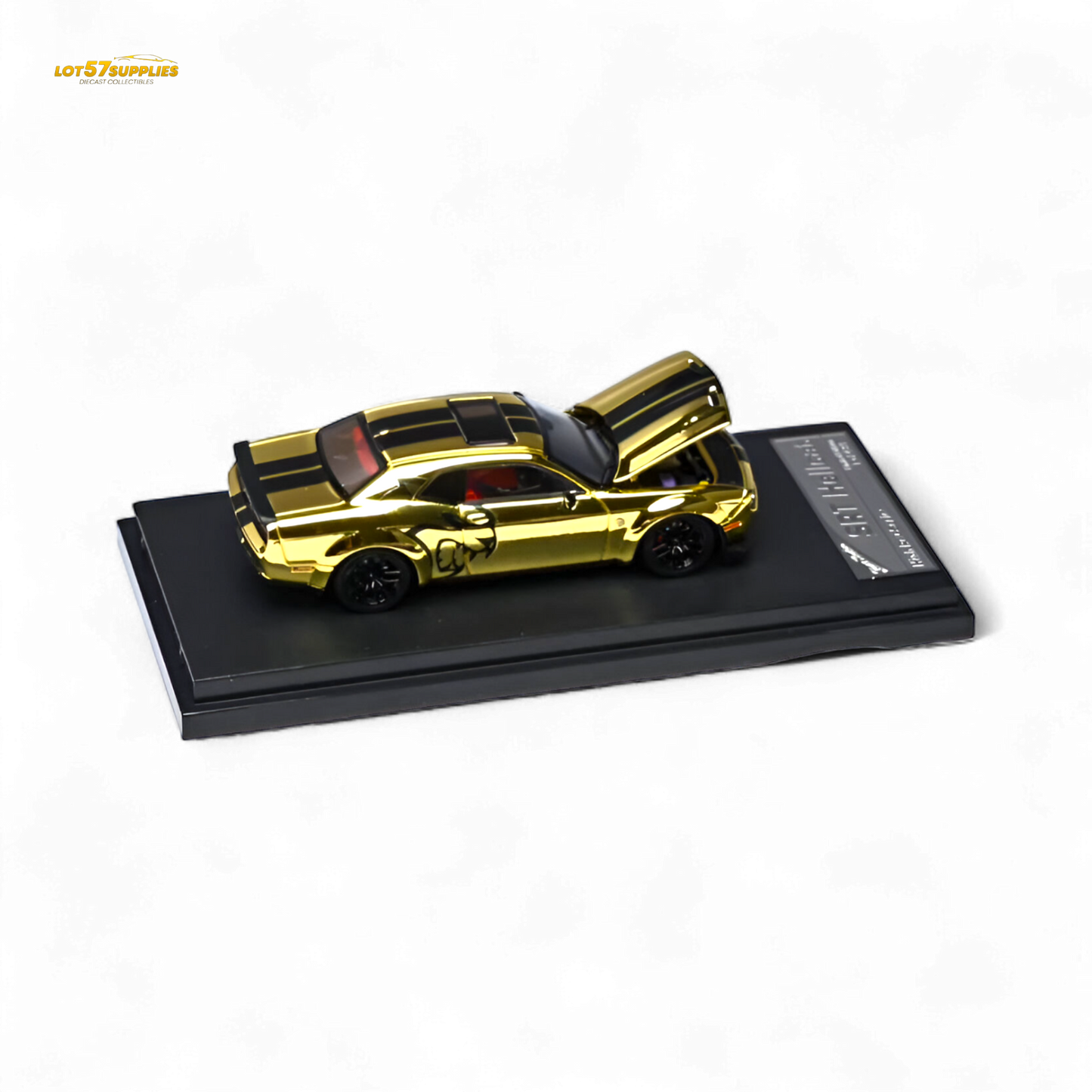 Gold 1:64 scale Dodge Challenger SRT Hellcat diecast model by Stance Hunters, detailed view of the collectible car.
