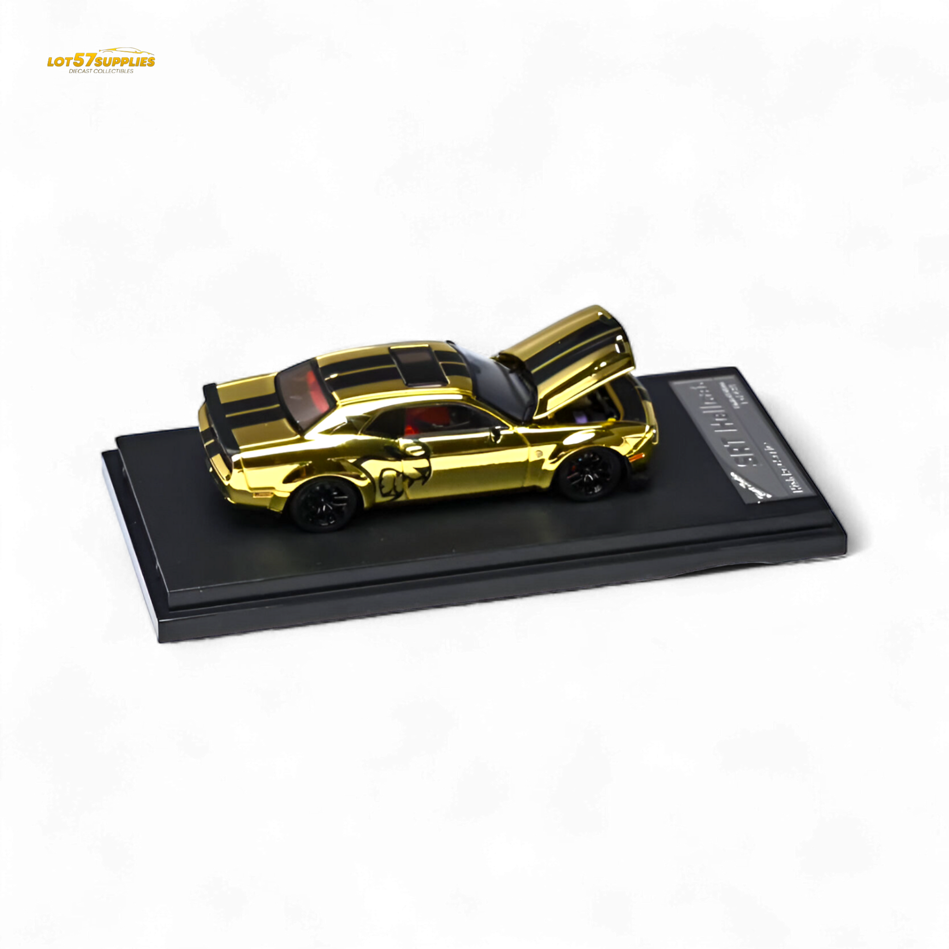 Gold 1:64 scale Dodge Challenger SRT Hellcat diecast model by Stance Hunters, detailed view of the collectible car.