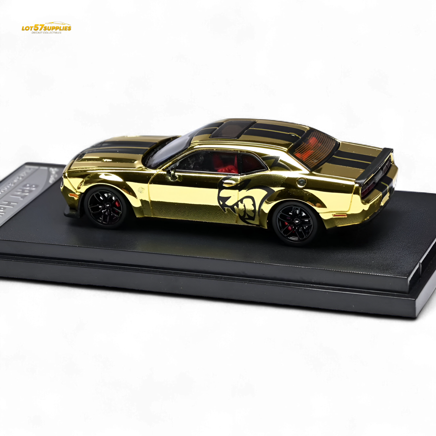 Gold 1:64 scale diecast Dodge Challenger SRT Hellcat by Stance Hunters, detailed model with realistic features.