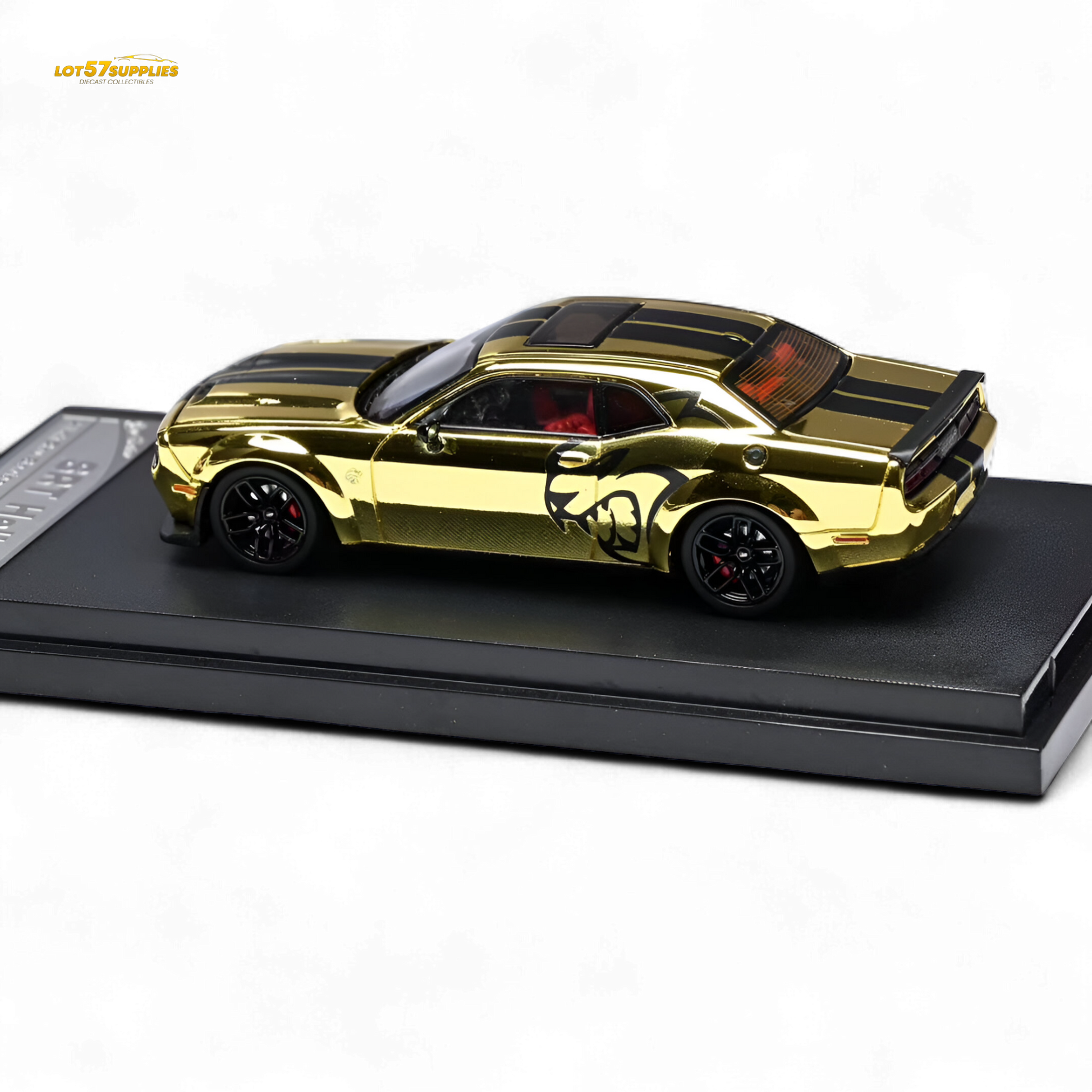 Gold 1:64 scale diecast Dodge Challenger SRT Hellcat by Stance Hunters, detailed model with realistic features.