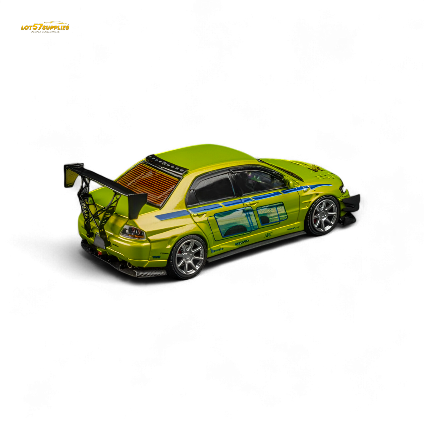 Green Mitsubishi Lancer Evo 9 FNF Bryan diecast model in 1:64 scale with detailed Bryan livery, crafted by Lot57Supplies.