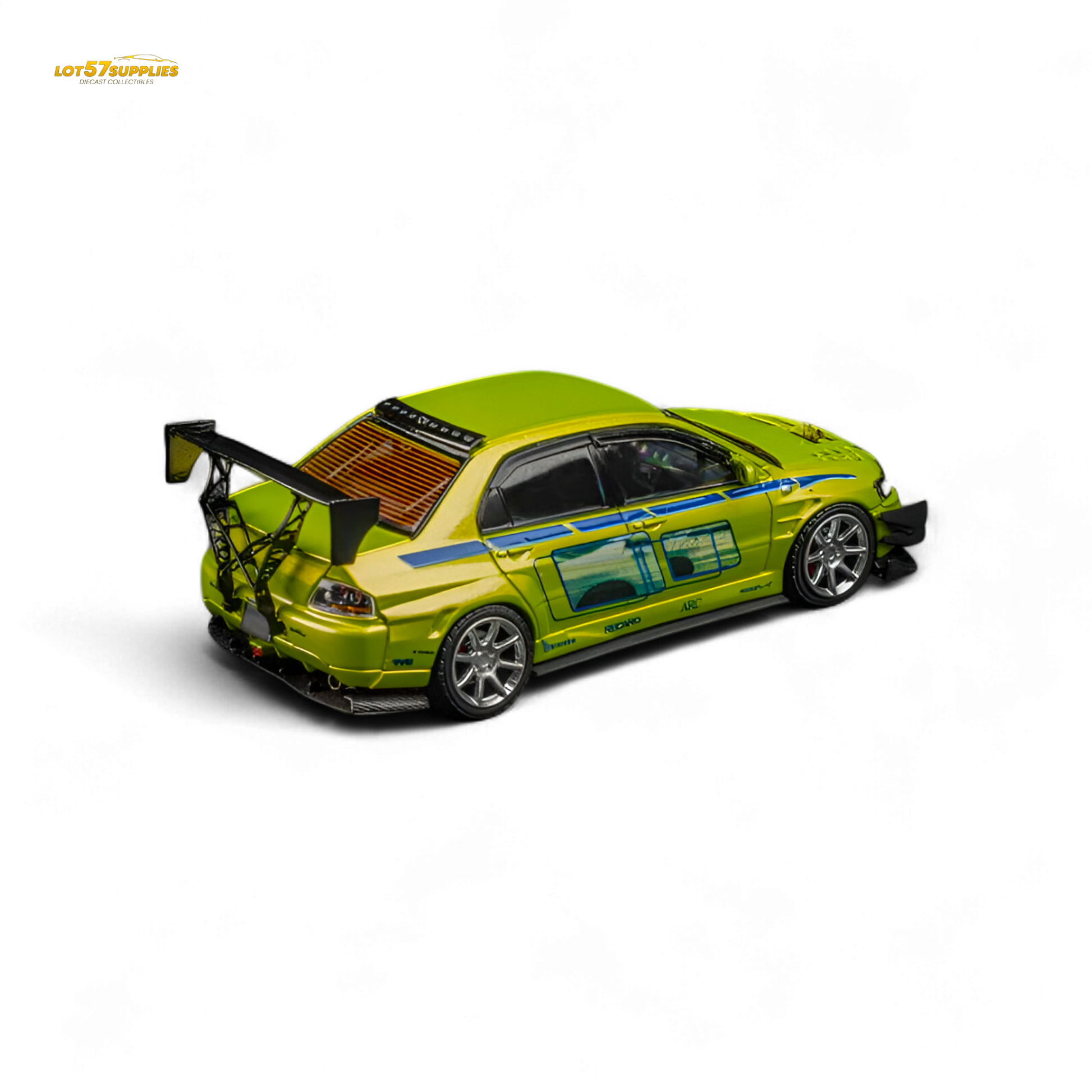 Green Mitsubishi Lancer Evo 9 FNF Bryan diecast model in 1:64 scale with detailed Bryan livery, crafted by Lot57Supplies.