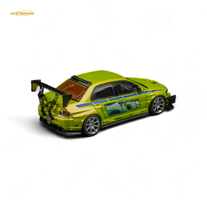 Green Mitsubishi Lancer Evo 9 FNF Bryan diecast model in 1:64 scale with detailed Bryan livery, crafted by Lot57Supplies.