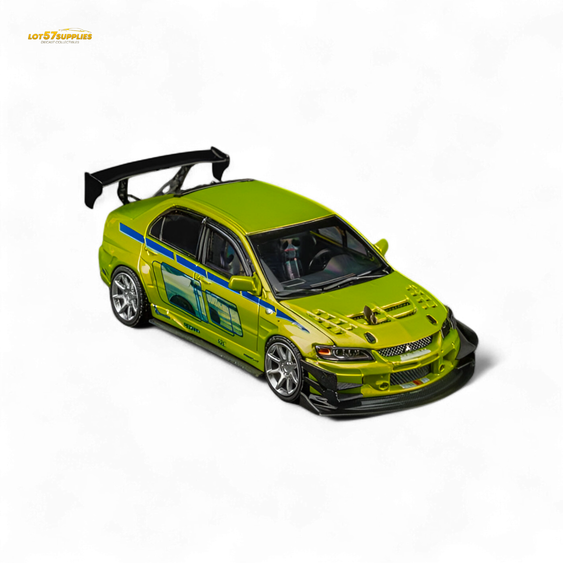 Green Mitsubishi Lancer Evo 9 FNF Bryan diecast model in 1:64 scale with detailed Bryan livery, showcasing sporty car design.