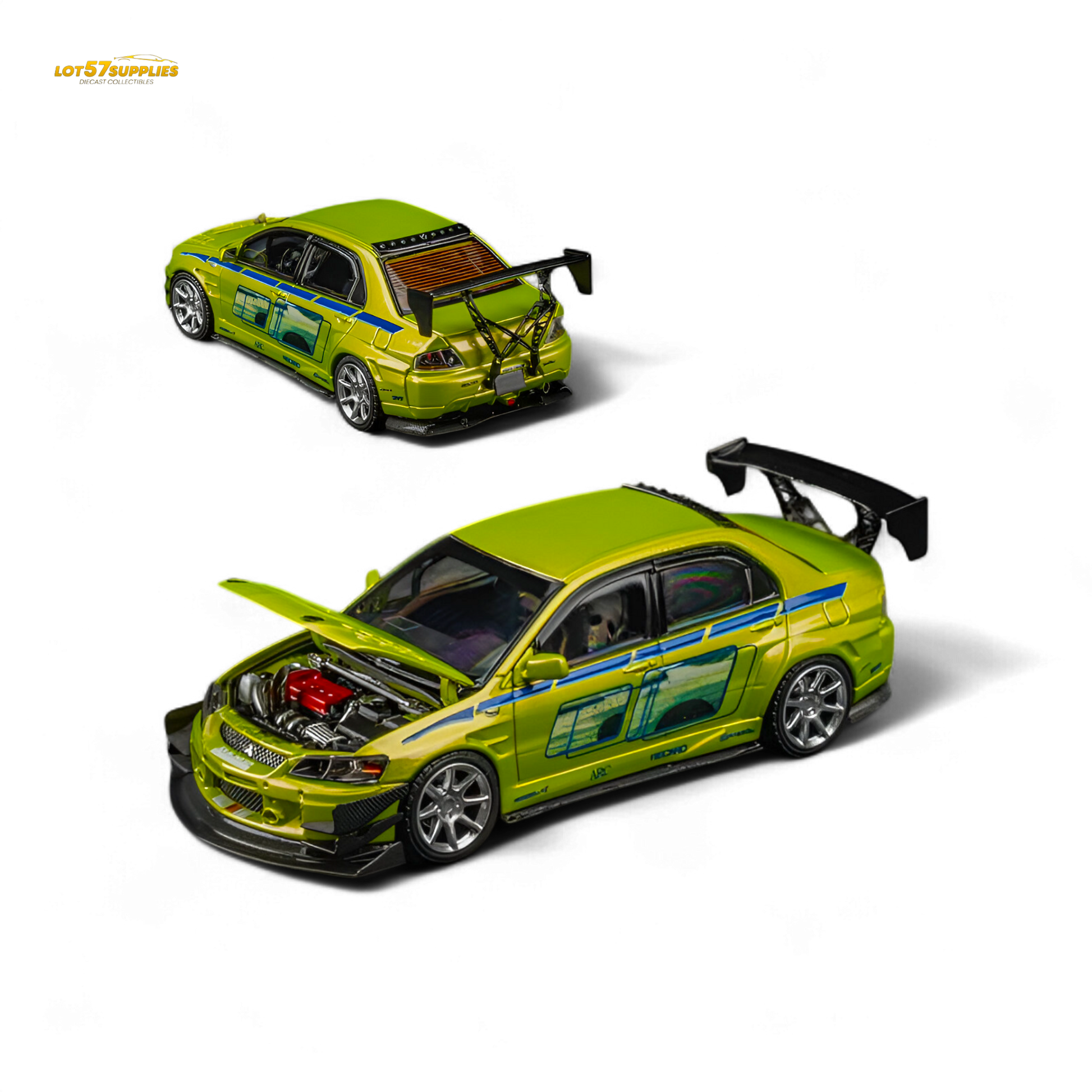 Green Mitsubishi Lancer Evo 9 diecast model in Bryan Livery, 1:64 scale, showcasing detailed design and vibrant colors.