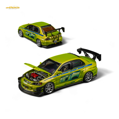 Green Mitsubishi Lancer Evo 9 diecast model in Bryan Livery, 1:64 scale, showcasing detailed design and vibrant colors.
