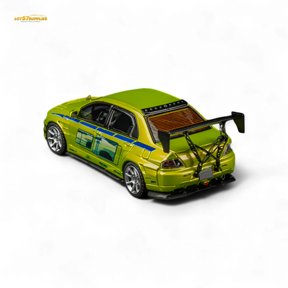 Green Mitsubishi Lancer Evo 9 FNF Bryan diecast model by Lot57Supplies, detailed 1:64 scale collectible car.