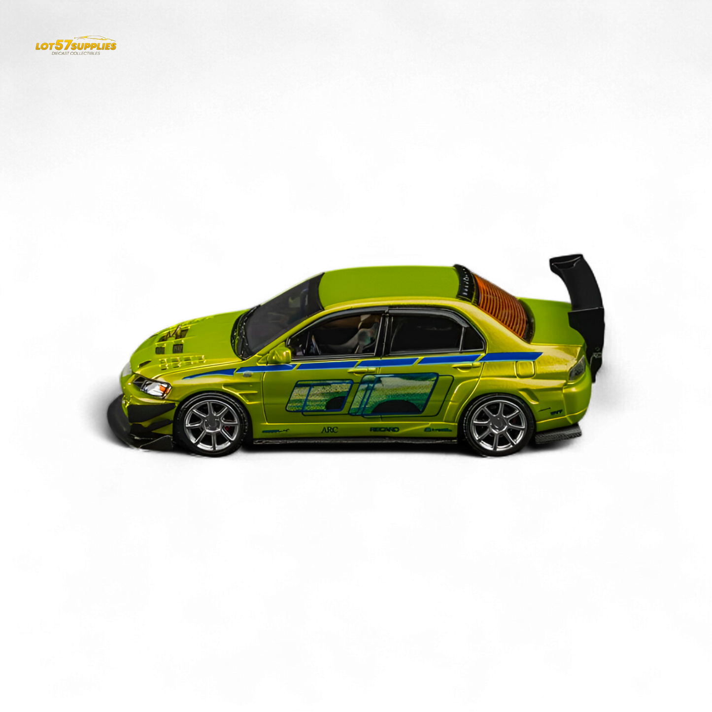 Green Mitsubishi Lancer Evo 9 FNF Bryan diecast model in 1:64 scale with detailed Bryan Livery from Findclassically, by Lot57Supplies.