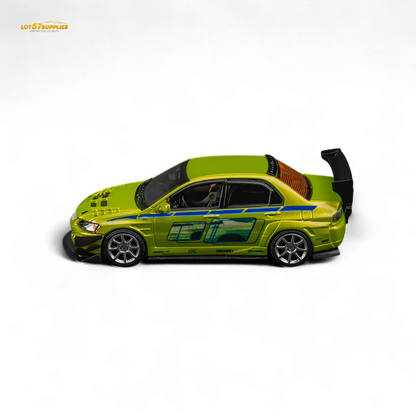 Green Mitsubishi Lancer Evo 9 FNF Bryan diecast model in 1:64 scale with detailed Bryan Livery from Findclassically, by Lot57Supplies.